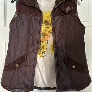 CAbi Brown Quilted Vest with corduroy accents and plaid trim